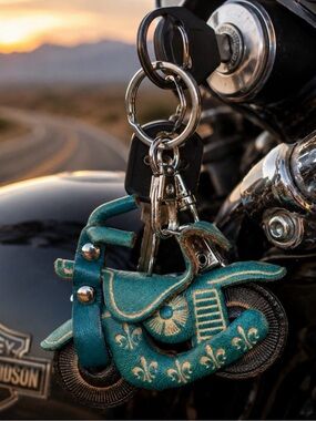 🏍️ Handmade Teal Leather Keychain | Biker Bag Charm | Motorcycle Lover Gift